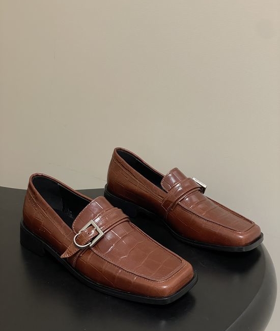 Balenciaga Crocodile Embossed Leather Loafers with Metal Buckle