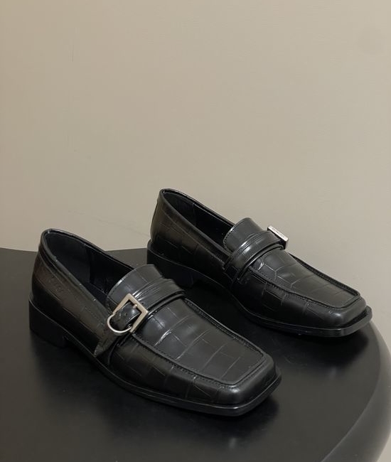 Balenciaga Crocodile Embossed Leather Loafers with Metal Buckle
