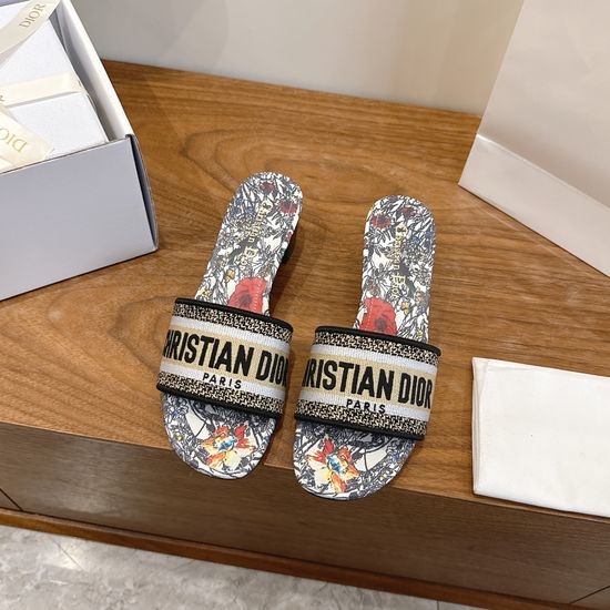 Christian Dior CD Silk Fabric Slip-on Sandals with CD Embroidery