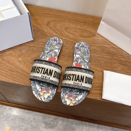Christian Dior CD Silk Fabric Slip-on Sandals with CD Embroidery