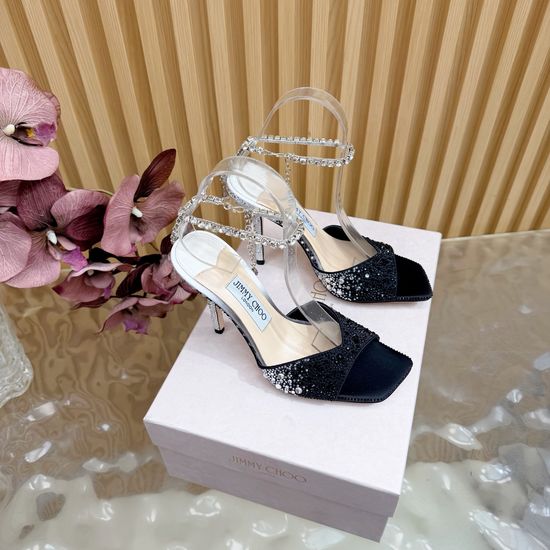 Jimmy Choo Rhinestone Embellished Satin Heeled Sandals Premium Cowhide Sole