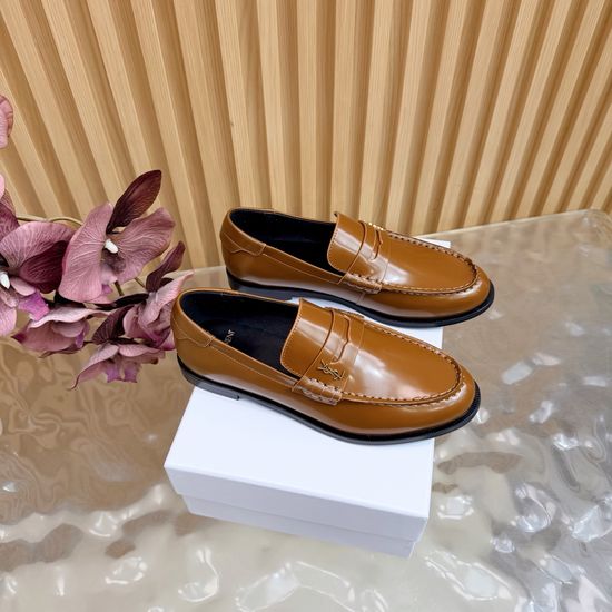 Yves Saint Laurent Minimalist Logo Leather Loafers Elegant Almond Toe Footwear
