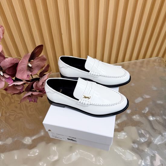 Yves Saint Laurent Minimalist Logo Leather Loafers Elegant Almond Toe Footwear