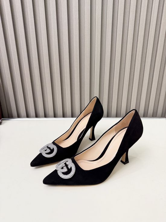 Gucci Crystal Buckle Mid Heel Leather Sole Sheepskin Shoes