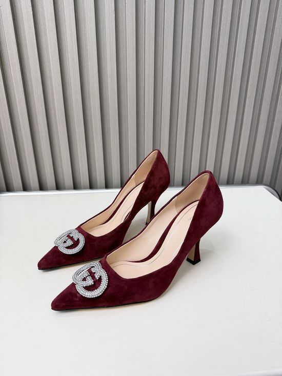 Gucci Crystal Buckle Mid Heel Leather Sole Sheepskin Shoes