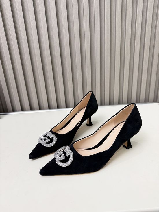 Gucci Crystal Buckle Low Heel Leather Sole Sheepskin Shoes