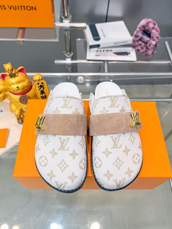 Louis Vuitton Embroidered Denim Slides With Logo Decoration