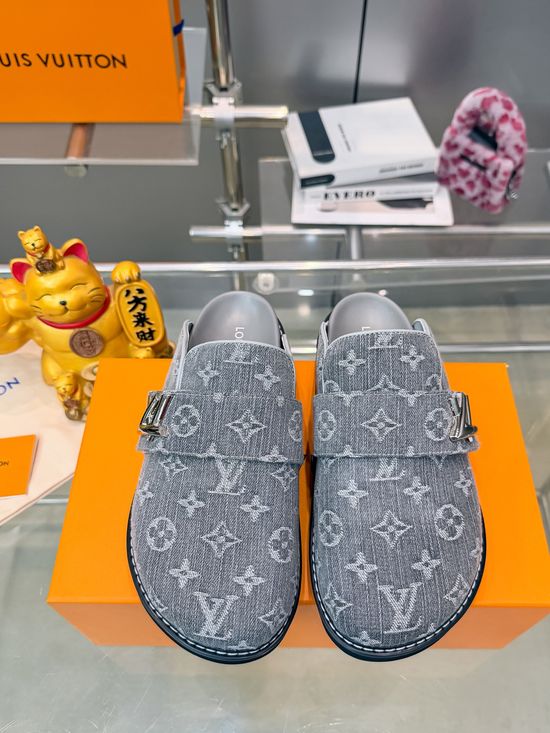 Louis Vuitton Embroidered Denim Slides With Logo Decoration