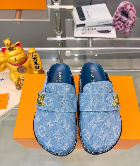 Louis Vuitton LV Embroidered Denim Slides With Logo Decoration