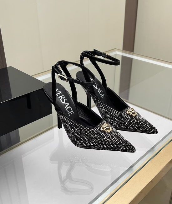 Versace Suede Rhinestone Embellished Slingback Stiletto Sandals