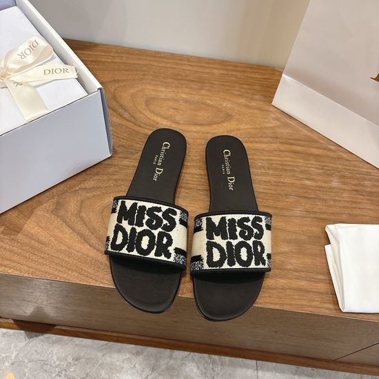 Christian Dior CD Silk Fabric Slip-on Sandals with CD Embroidery