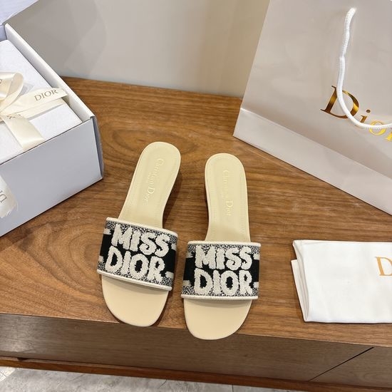 Christian Dior CD Silk Fabric Slip-on Sandals with CD Embroidery