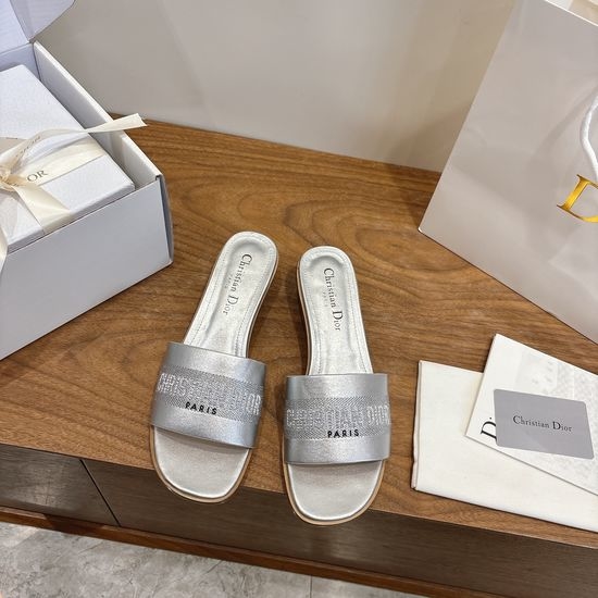 Christian Dior CD High-Heel Leather Slip-On Sandals with Embroidered Design