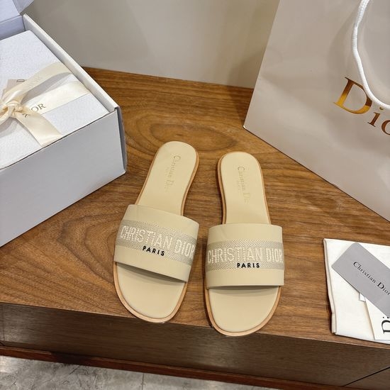 Christian Dior CD Leather Flat Slip-On Sandals with Custom CD Embroidery