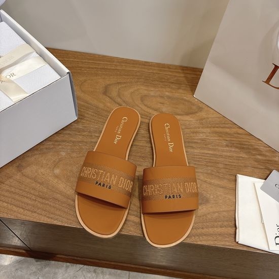 Christian Dior CD Leather Flat Slip-On Sandals with Custom CD Embroidery