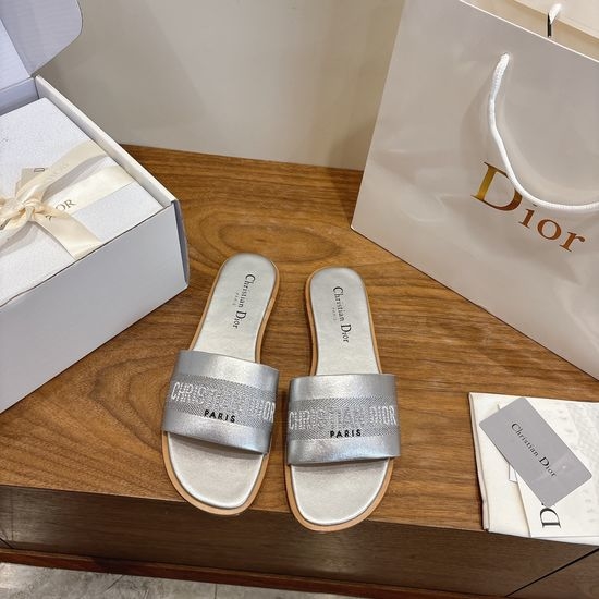 Christian Dior CD Leather Flat Slip-On Sandals with Custom CD Embroidery