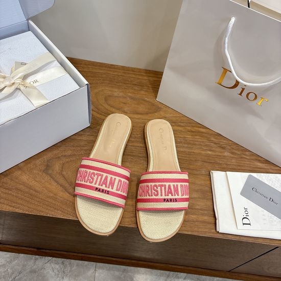 Christian Dior CD Round-Toe Flat Slip-On Sandals with Embroidered Logo