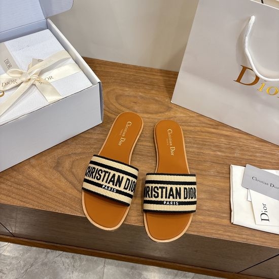 Christian Dior CD Round-Toe Flat Slip-On Sandals with Embroidered Logo