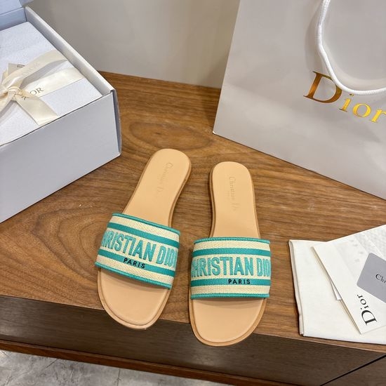 Christian Dior CD Round-Toe Flat Slip-On Sandals with Embroidered Logo