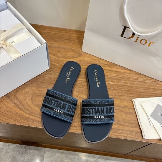 Christian Dior CD Round-Toe Flat Slip-On Sandals with Embroidered Logo