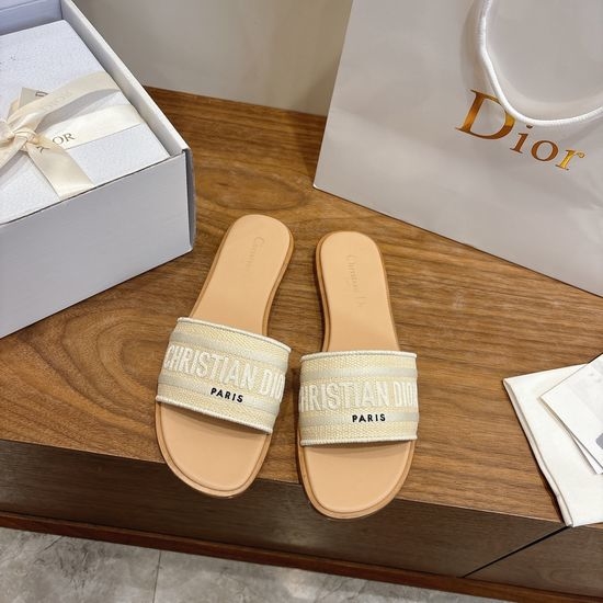 Christian Dior CD Round-Toe Flat Slip-On Sandals with Embroidered Logo
