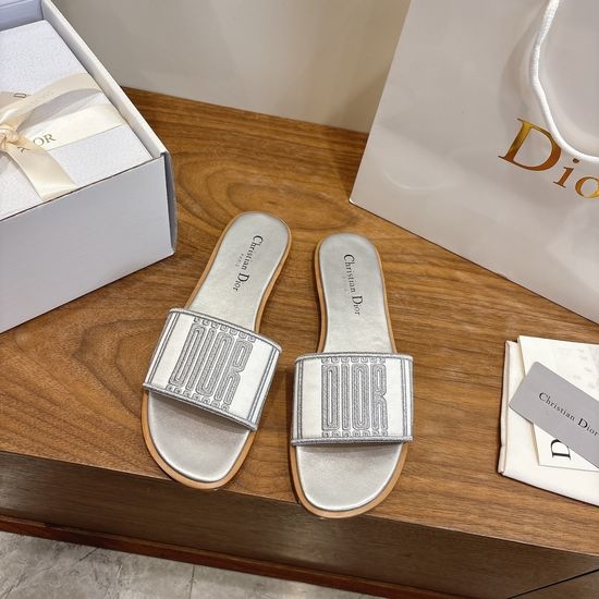 Christian Dior CD Round-Toe Flat Slip-On Sandals with Embroidered Logo