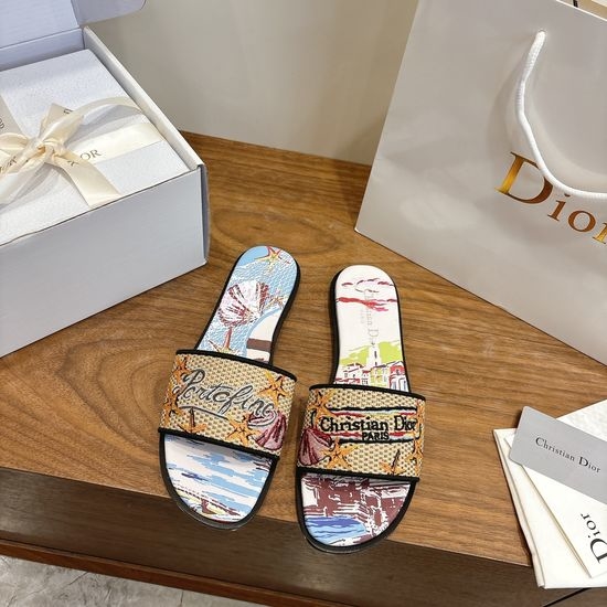 Christian Dior CD Round-Toe Flat Slip-On Sandals with Embroidered Logo