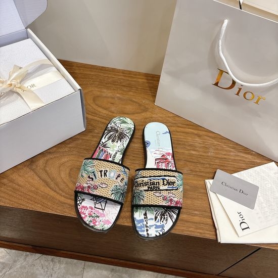 Christian Dior CD Round-Toe Flat Slip-On Sandals with Embroidered Logo