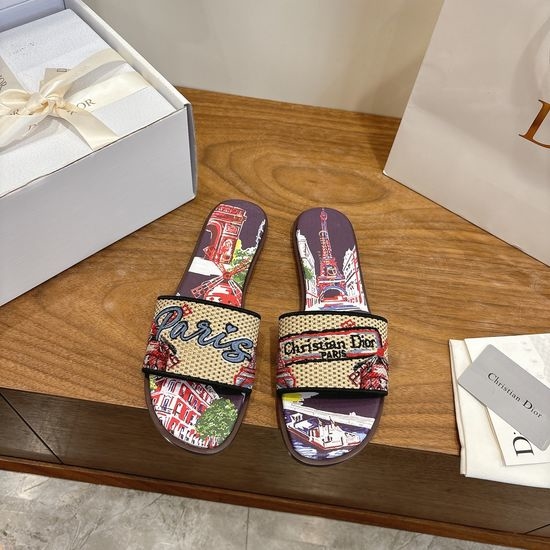 Christian Dior CD Round-Toe Flat Slip-On Sandals with Embroidered Logo