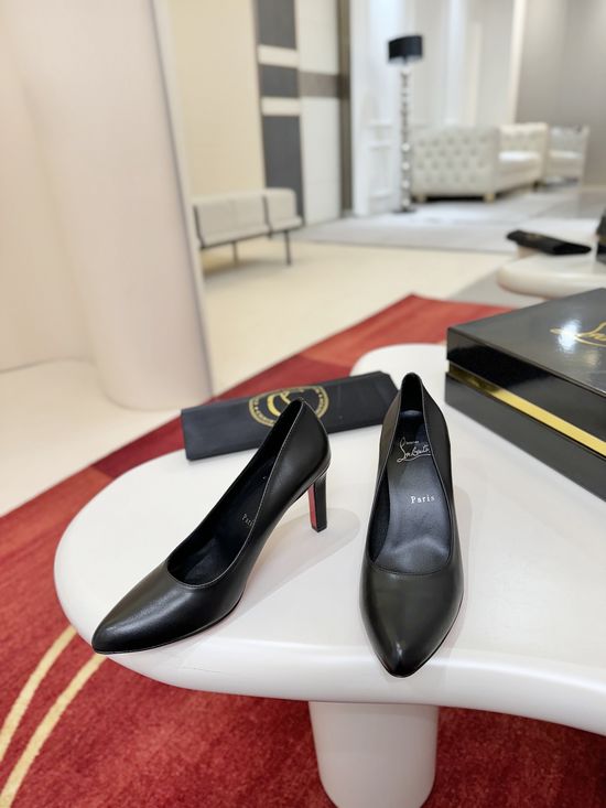 Christian Louboutine Black Leather Pointed Toe Mid Heel Dress Pumps