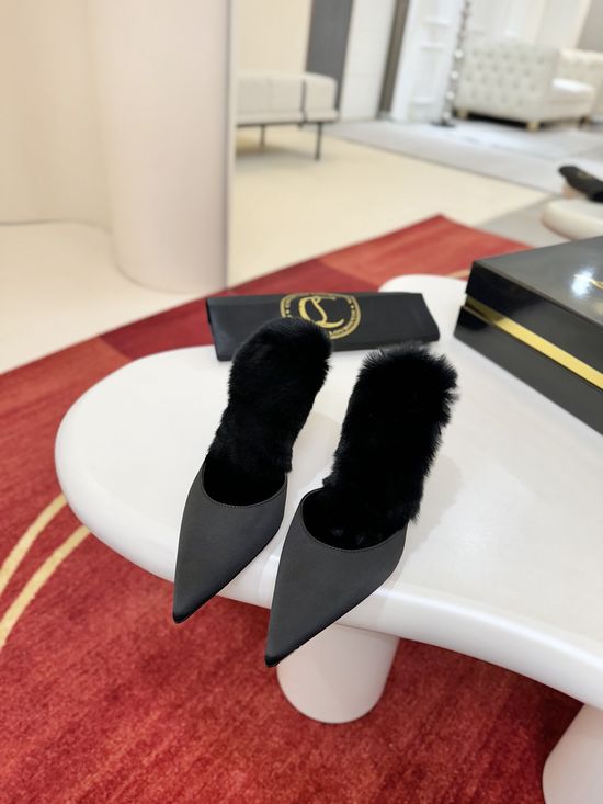 Christian Louboutine Furry Pointed Toe Mules Crystal Heel Slip On Dress Shoes