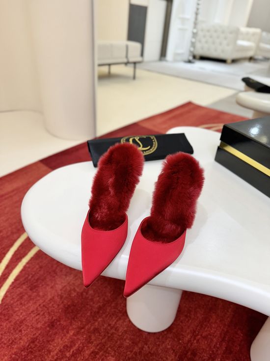 Christian Louboutine Furry Pointed Toe Mules Crystal Heel Slip On Dress Shoes