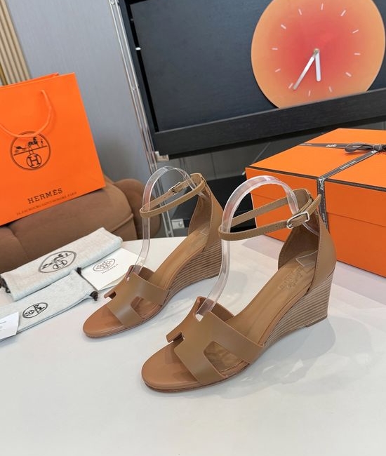 Hermes Retro Style Wedge Heel Genuine Leather Sandals