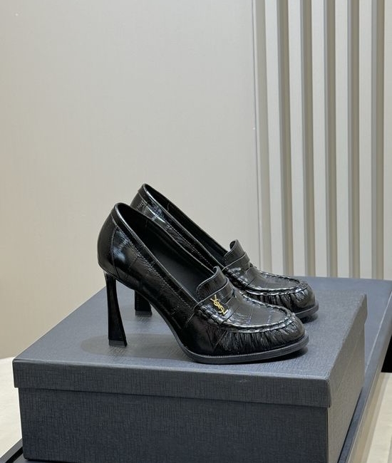 Yves Saint Laurent YSL Patent Leather Block Heel Loafers with Logo Detail