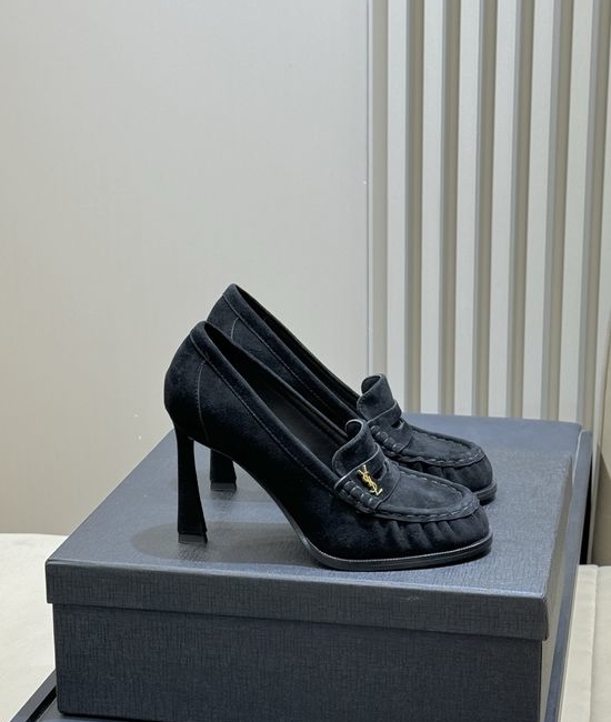 Yves Saint Laurent YSL Patent Leather Block Heel Loafers with Logo Detail