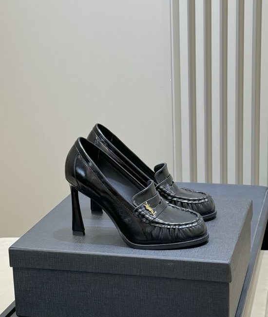 Yves Saint Laurent YSL Patent Leather Block Heel Loafers with Logo Detail