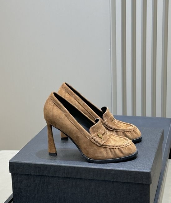 Yves Saint Laurent YSL Patent Leather Block Heel Loafers with Logo Detail