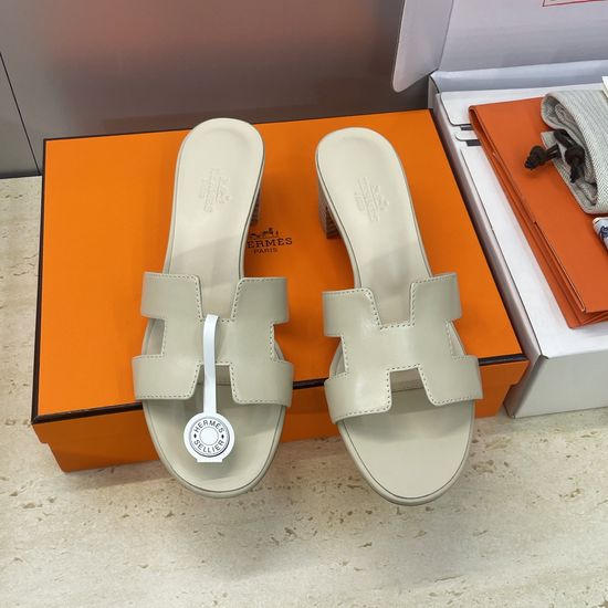 Hermes Block Heel Open Toe Slide Sandals Genuine Leather Upper