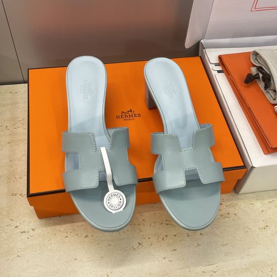 Hermes Block Heel Open Toe Slide Sandals Genuine Leather Upper