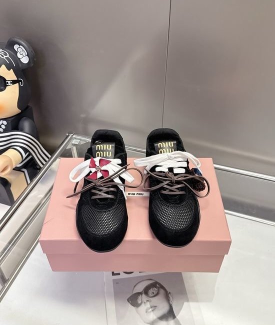 Miu Miu Breathable Mesh Suede Stitched Bow Decor Casual Shoes