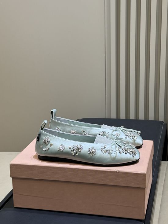 Miu Miu Diamond-Embellished Ballet Flats with Bow Detail