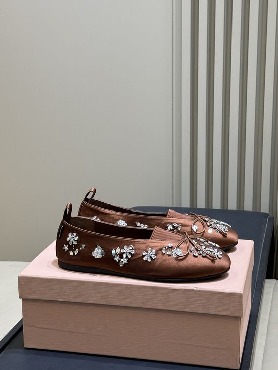 Miu Miu Diamond-Embellished Ballet Flats with Bow Detail