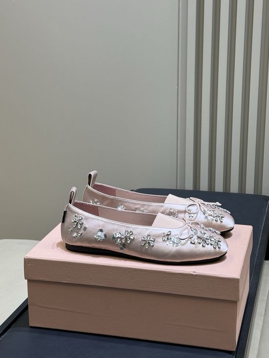 Miu Miu Diamond-Embellished Ballet Flats with Bow Detail