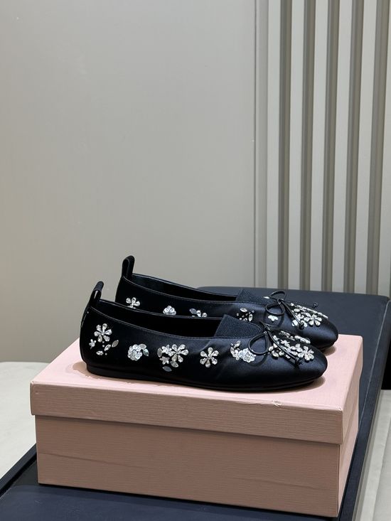 Miu Miu Diamond-Embellished Ballet Flats with Bow Detail