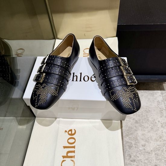 Loewe Rivet Decorated Flat Leather Loafers with Retro Buckle
