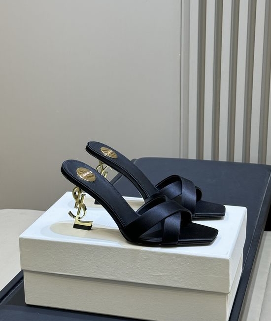 Yves Saint Laurent YSL Elegant Satin High Heel Mules with Logo Heel