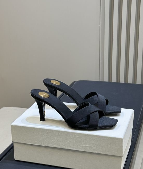 Yves Saint Laurent YSL Elegant Satin High Heel Mules with Decorative Heel