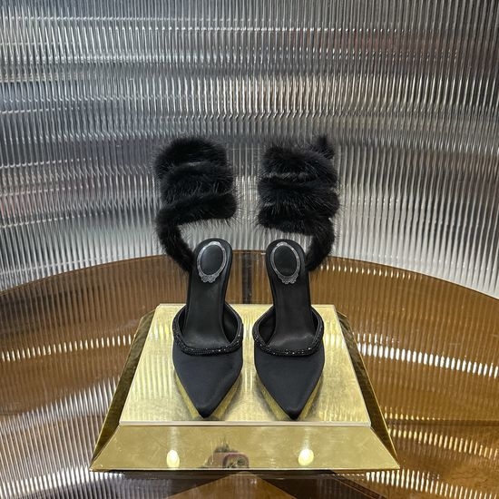 Rene Caovilla Mink Fur Wrap Leather Sole Elegant High Heels
