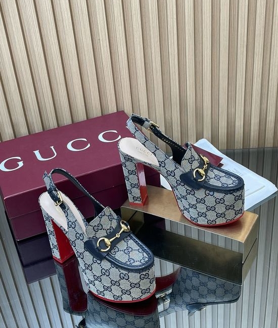 Gucci Monogram Canvas Block Heel Slingback Loafers with Buckle