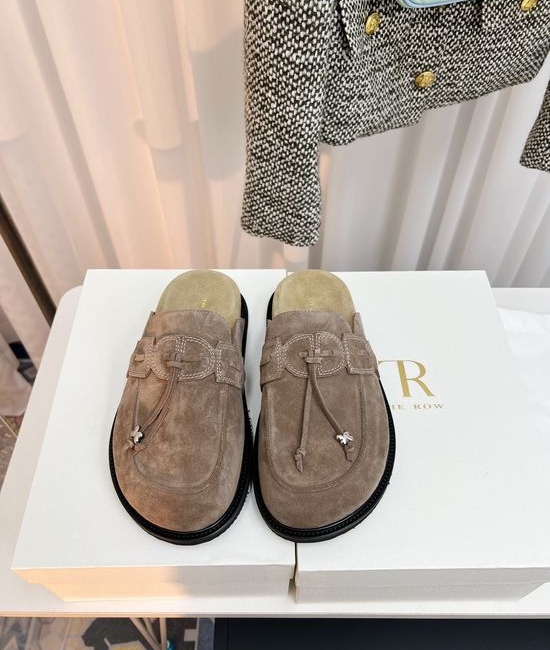 The Row Suede Fringe Closed Toe Slides With Non-slip Sole